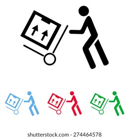 Delivery man pushing a cargo hand truck, vector icon
