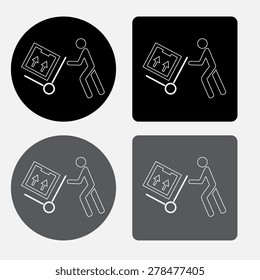 Delivery man pushing a cargo hand truck, vector icon