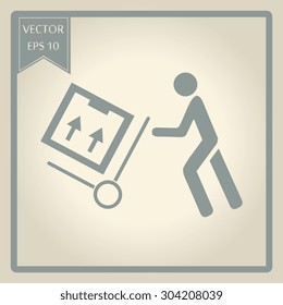 Delivery man pushing a cargo hand truck, vector icon
