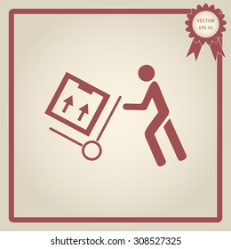 Delivery man pushing a cargo hand truck, vector icon