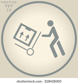 Delivery man pushing a cargo hand truck, vector icon.