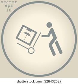 Delivery man pushing a cargo hand truck, vector icon