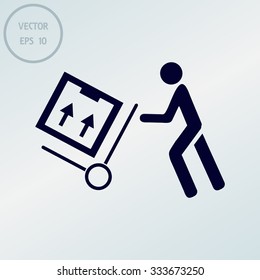 Delivery Man Pushing A Cargo Hand Truck, Vector Icon
