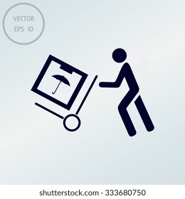 Delivery man pushing a cargo hand truck, vector icon