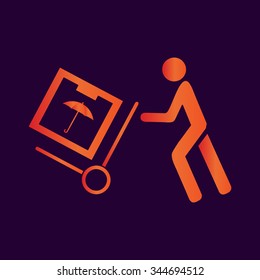 Delivery man pushing a cargo hand truck, vector icon