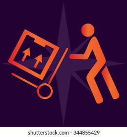 Delivery man pushing a cargo hand truck, vector icon