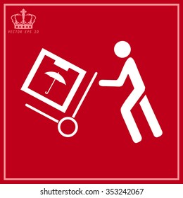 Delivery man pushing a cargo hand truck, vector icon  on a red background
