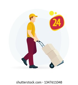 Delivery man pushing a cart with boxes. Delivery man carrying boxes on a hand truck. Storage worker pushing trolley. 24 Hour delivery service. Part of set.