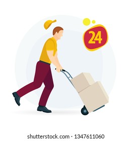 Delivery man pushing a cart with boxes. Delivery man carrying boxes on a hand truck. Storage worker pushing trolley. 24 Hour delivery service. Part of set.