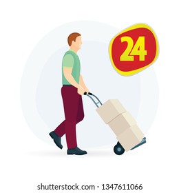 Delivery man pushing a cart with boxes. Delivery man carrying boxes on a hand truck. Storage worker pushing trolley. 24 Hour delivery service. Part of set.