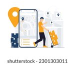 Delivery man pushing a hand truck with cardboard boxes courier shipping order concept illustration