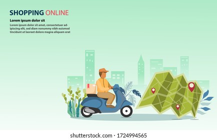 Delivery man receive order from customers who are shopping online and looking at the map for delivery.The delivery man rides a motorcycle to deliver the package.