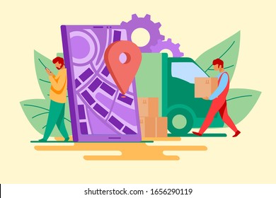 Delivery man and recipient who leaning on smartphone with pin. Door to door delivery by courier flat vector illustration. Delivery service concept for banner, website design or landing web page