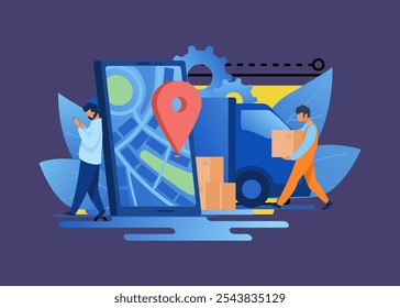 Delivery man and recipient who leaning on smartphone with pin. Door to door delivery by courier flat vector illustration. Delivery service concept for banner, website design or landing web page