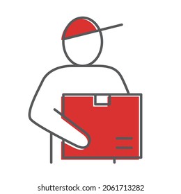 Lieferant Mann mit roter Schachtel. Kuriersymbol. Flaches Rahmendesign für Apps und Websites.