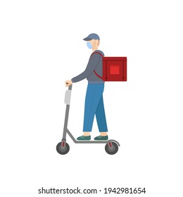 delivery man with red box on scooter. stylish tall guy in medical mask rides a scooter. deliveryman and lunch bag cartoon character riding urban vehicle. modern flat sign isolated on white background