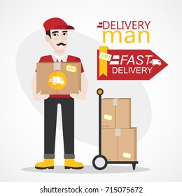 Delivery man in red and gray uniform holding box. Delivery service worker with box on hand truck. Fast delivery icon. Courier. Isolated, flat style design for web.