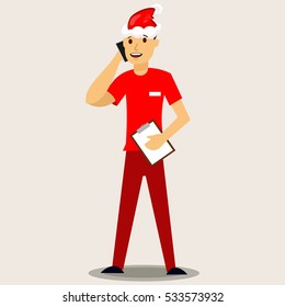 Delivery man in a red Santa hat. Vector Christmas illustration.