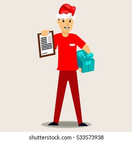 Delivery man in a red Santa hat and gift box. Vector Christmas illustration.
