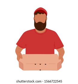 Delivery man in red t-shirt and cap holding closed pizza box. Flat modern trendy style.Vector illustration character icon. Isolated on white background.