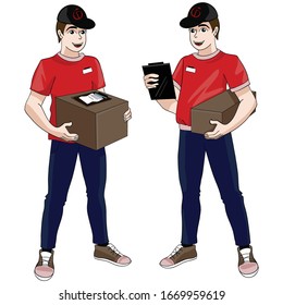 Lieferant in roter Uniform mit Box