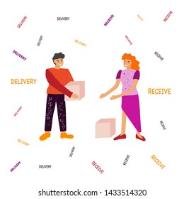 Delivery man in red uniform with boxe in his hand gives parcel to young white woman with red hair . text delivery and receive. vector illustration isolated on white background . Lettering 