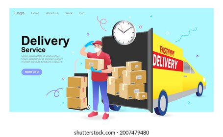 Delivery man red uniform with face mask holding box. Stay home. Save lives. Shopping online and fast shipping while self quarantine in social distancing Coronavirus COVID-19 outbreak concept.