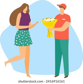 Delivery man in red uniform giving flowers to a young woman. Girl receiving a bouquet, happy surprise gesture. Special occasion delivery, romantic gift vector illustration.