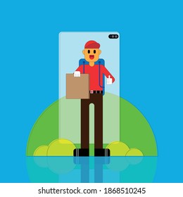 Delivery Man in Red Uniform with Red Hat Holding a Craft Paper Package with Food in Hand Delivery Service Concept Vector Illustration