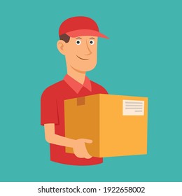 Delivery man red uniform holding box, Business delivery goods express service, Flat design for apps and websites, Vector illustration