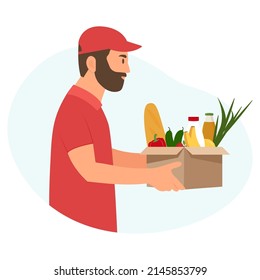 Delivery man red uniform holding box with food. Delivery goods express service. 
Humanitarian assistance to poor people.Charity and donation.Vector illustration isolated