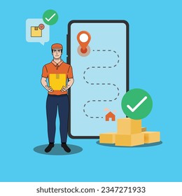 Delivery man in red uniform holding cardboard package