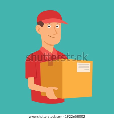 Delivery man red uniform holding box, Business delivery goods express service, Flat design for apps and websites, Vector illustration