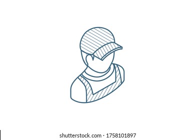 Delivery man in red uniform isometric icon. 3d vector illustration. Isolated line art technical drawing. Editable stroke