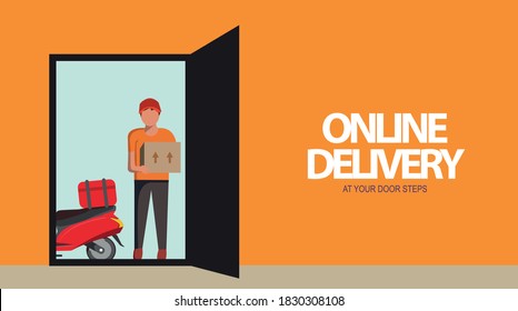 Delivery Man In Red Uniform With Parcel Boxes At Open Door, Delivery, Mail, People And Shipment Vector Illustration