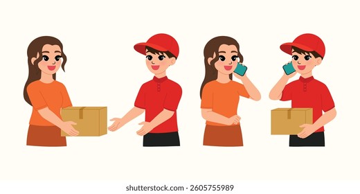 delivery man with red uniform sent package from young female costumer, delivery man with red uniform is using a smartphone to call a customer illustration