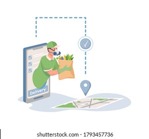 Delivery man in respiratory face mask holding bag with grocery food vector flat cartoon illustration. Online food delivery service using smartphone, non contact delivery concept.