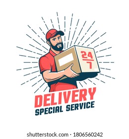 Lieferant Mann Retro-Logo. Bearded Kurier mit Parcel - Vintage Emblem. Vektorgrafik.