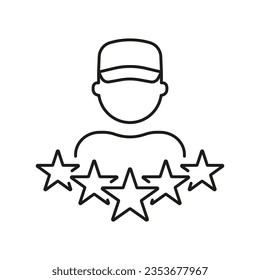 Delivery Man Review Line Icon. Courier Rating Linear Pictogram. Client Satisfaction Outline Symbol. Customer Feedback, Deliveryman with Five Stars Sign. Editable Stroke. Isolated Vector Illustration.