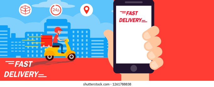 Delivery man ride bike get order .Hand holding mobile smart phone open app.fast delivery, shipping.  platform cover page facebook.