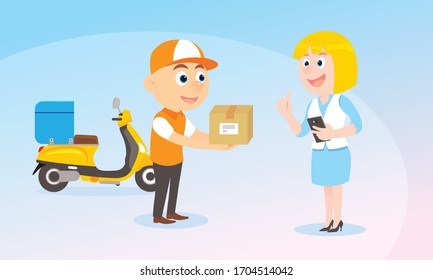 Delivery man ride bike get order. A woman holding mobile open app. fast delivery, shipping. vector illustration isolated cartoon