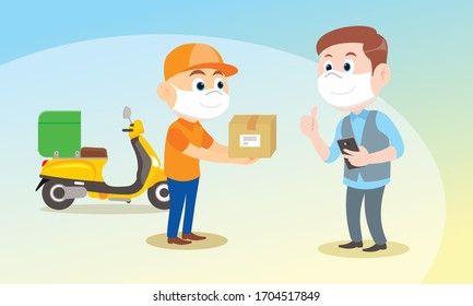 Delivery man ride bike get order. A man holding mobile open app. Wear protective mask. protect corona virus. Social, Physical distancing. fast delivery, shipping. vector illustration isolated cartoon