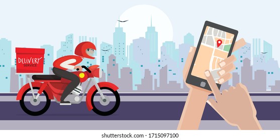 Delivery man ride bike get order .Hand holding mobile smart phone open app.fast delivery, shipping.
