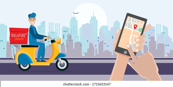 Delivery man ride bike get order .Hand holding mobile smart phone open app.fast delivery, shipping.