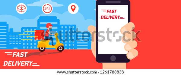 Delivery man ride bike get order .Hand holding
mobile smart phone open app.fast delivery, shipping.  platform
cover page facebook.