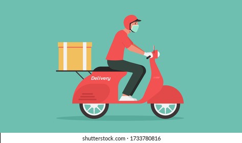 Delivery man ride motorcycle, or bike service during the prevention of Covid-19. Courier wear face mask and glove. Quarantine, stay home and new normal concept, flat vector illustration