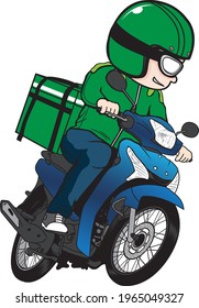 Delivery man ride motorcycle cartoon vector