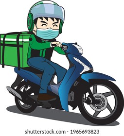 Delivery man ride motorcycle cartoon vector