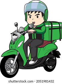 Delivery man ride motorcycle cartoon vector