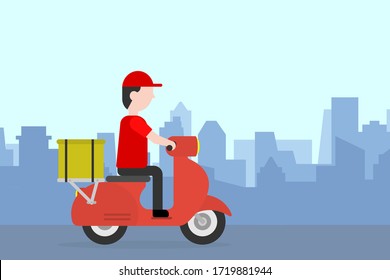 delivery man. Man ride motorcycle with city back ground. transportations concept. 